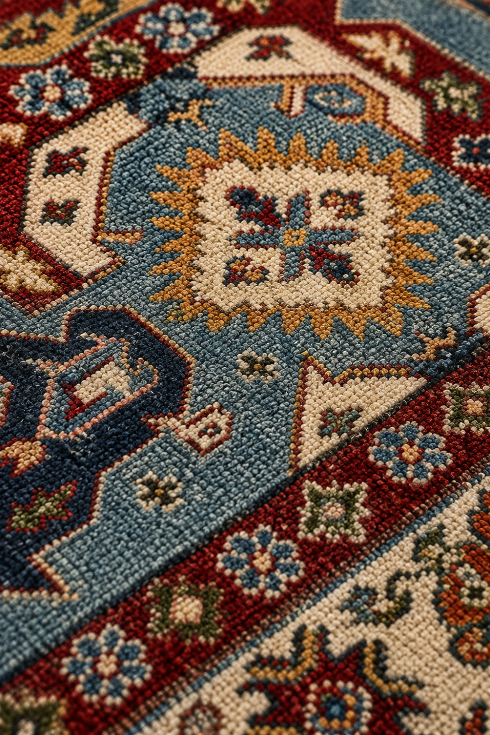 Close-up texture of the Royal Kazak Tribal Traditional Area Rug showcasing intricate hand-knotted wool, geometric tribal detailing, and artisan craftsmanship.