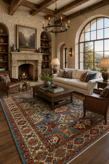 Royal Kazak Tribal Traditional Area Rug styled in a luxury living room featuring bold geometric tribal motifs and authentic hand-knotted craftsmanship.