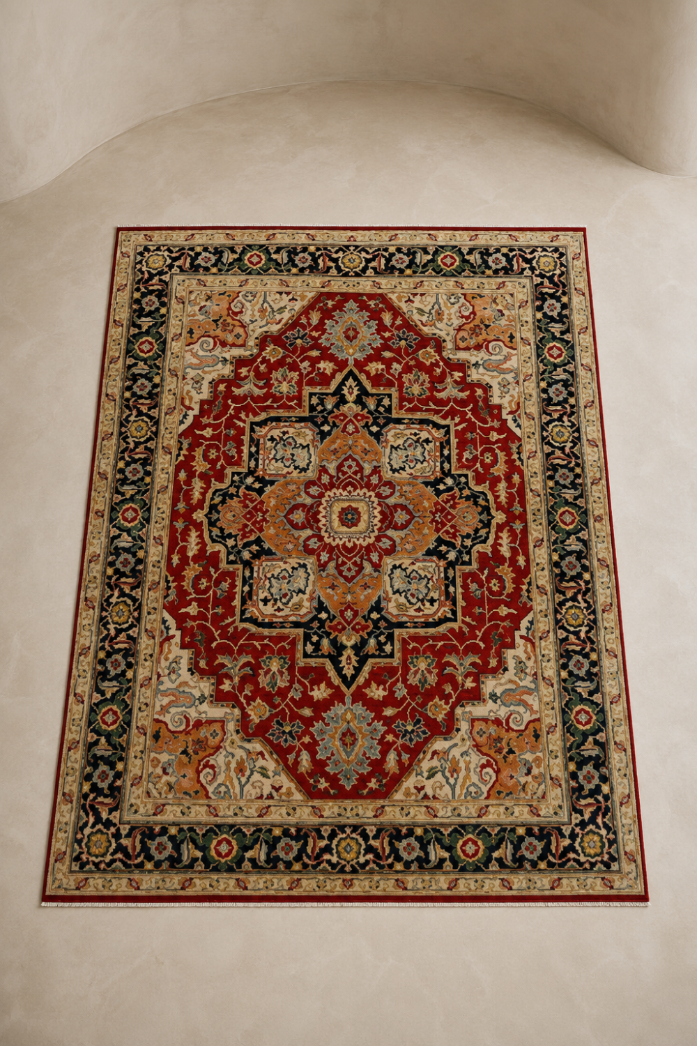 Royal Serapi Traditional Area Rug featuring a Persian-inspired geometric medallion, terracotta red field, deep navy border, ivory accents, and intricate floral motifs.