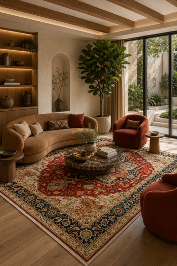 Royal Serapi Traditional Area Rug styled in a luxury living room featuring a terracotta red Persian medallion, deep navy floral border, and timeless handcrafted design.