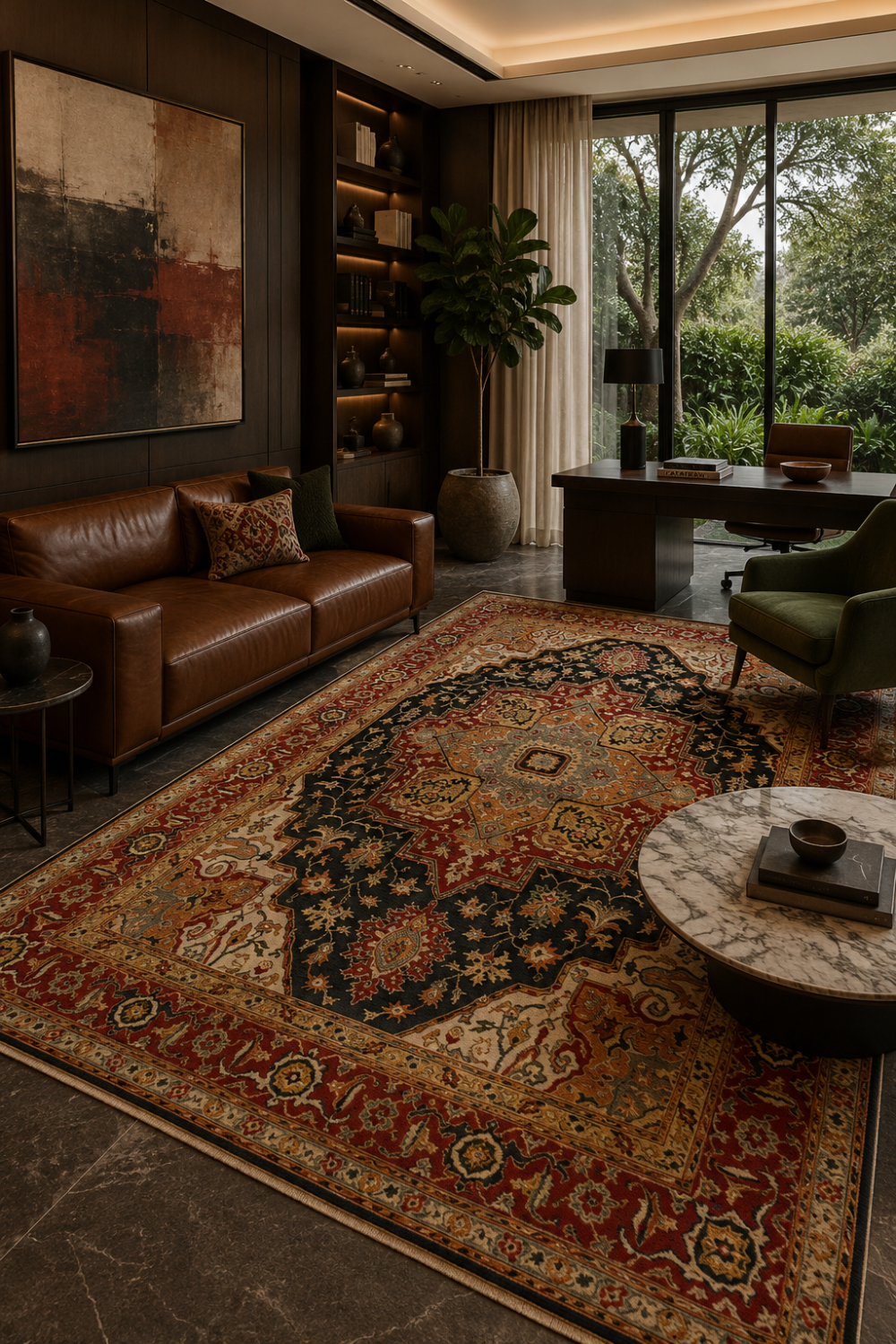 Royal Tabriz Traditional Area Rug styled in a luxury contemporary office featuring a deep navy Persian-inspired medallion, ruby red borders, ivory detailing, and intricate floral motifs.