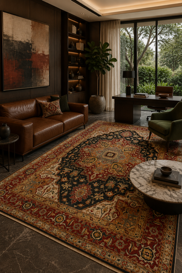 Royal Tabriz Traditional Area Rug styled in a luxury contemporary office featuring a deep navy Persian-inspired medallion, ruby red borders, ivory detailing, and intricate floral motifs.