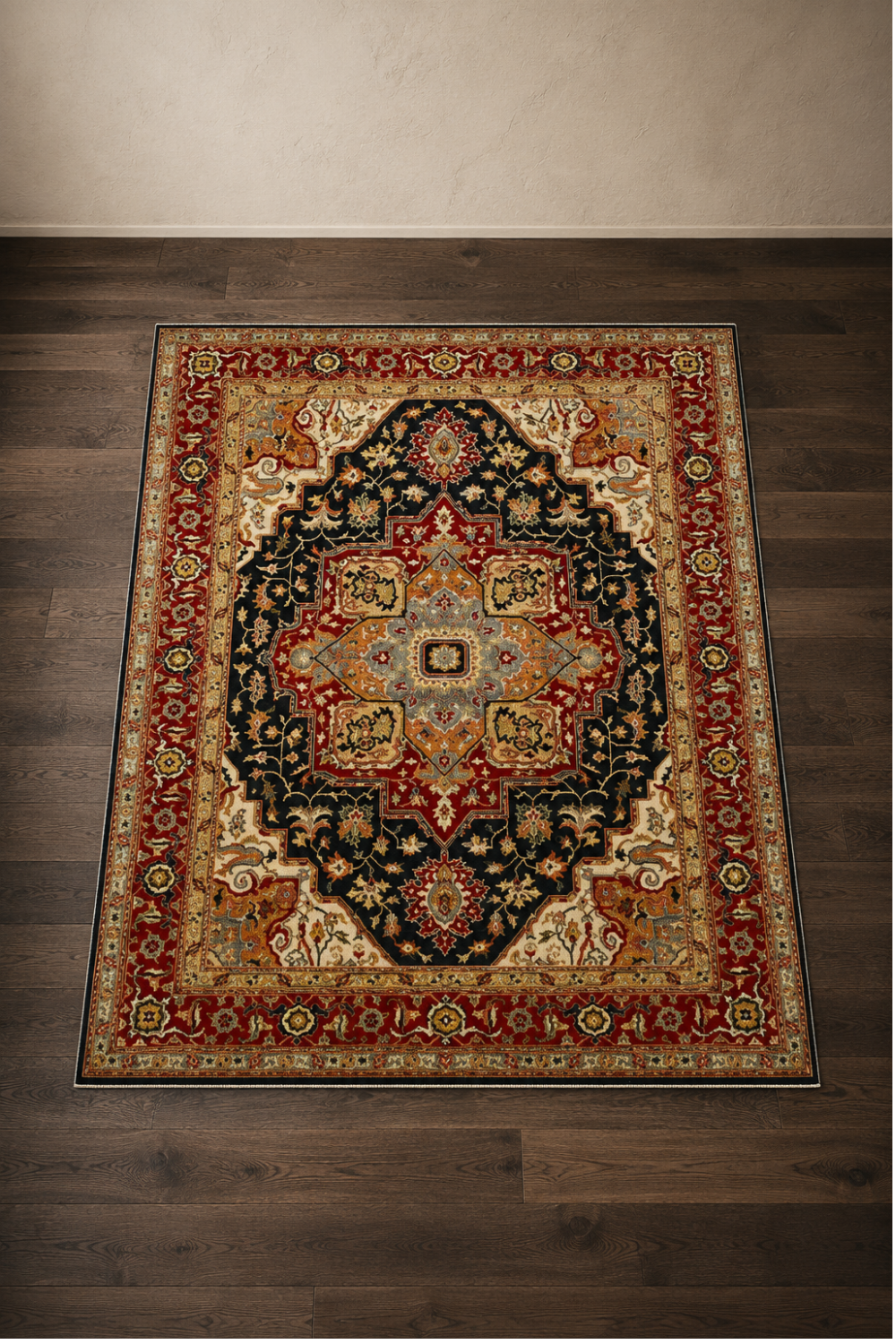 Royal Tabriz Traditional Area Rug featuring a Persian-inspired medallion design with a deep navy field, ruby red floral border, ivory accents, and ornate botanical detailing.