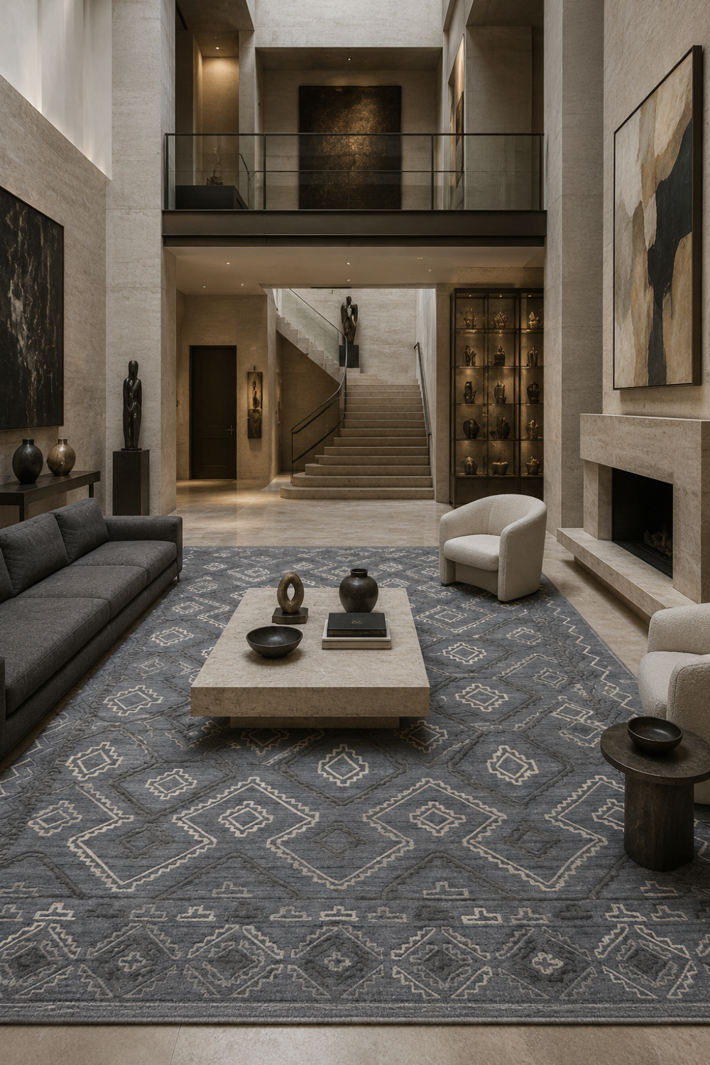 Sahara Crest luxury handloom New Zealand Wool geometric charcoal grey area rug styled in a contemporary luxury living room