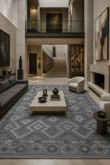 Sahara Crest luxury handloom New Zealand Wool geometric charcoal grey area rug styled in a contemporary luxury living room