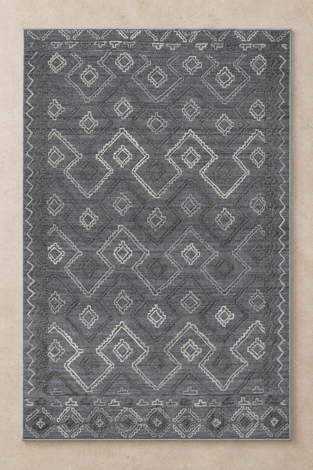 Sahara Crest handloom over hand tufting New Zealand Wool charcoal grey geometric area rug with tribal diamond pattern