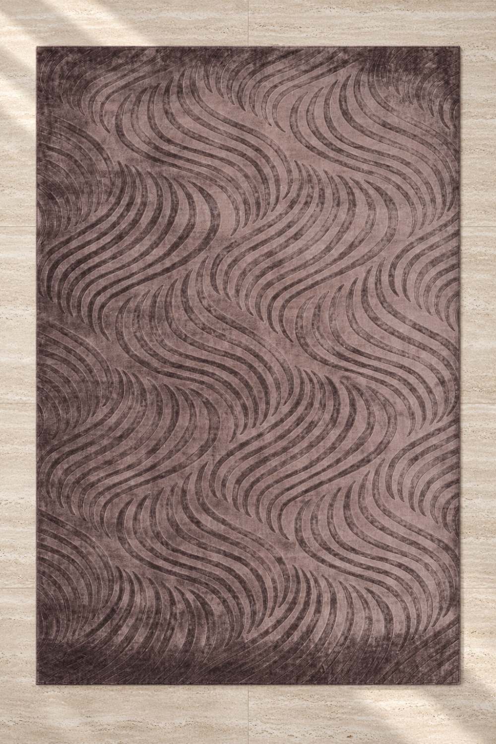 Sculpted Flow Rug handcrafted in Handloom Viscose Tencel Bamboo with an embossed flowing wave self-design in mauve taupe.