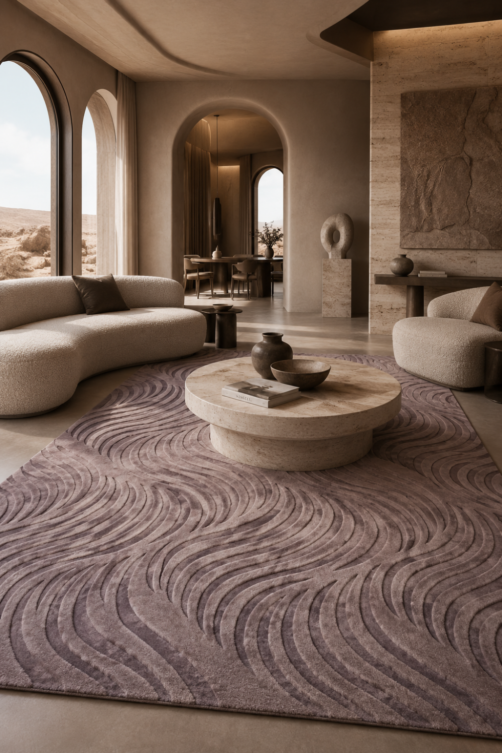 Sculpted Flow Rug in Handloom Viscose Tencel Bamboo styled in a luxury contemporary living room featuring flowing carved wave patterns in elegant mauve taupe tones.