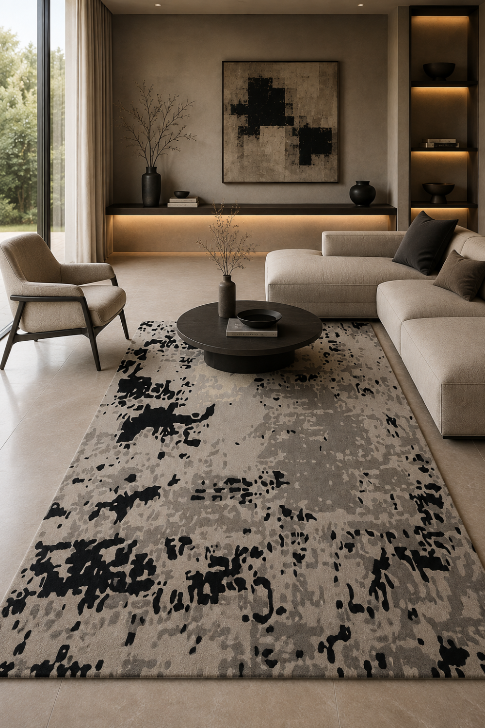 Shadow Fragment abstract rug styled in a contemporary living room