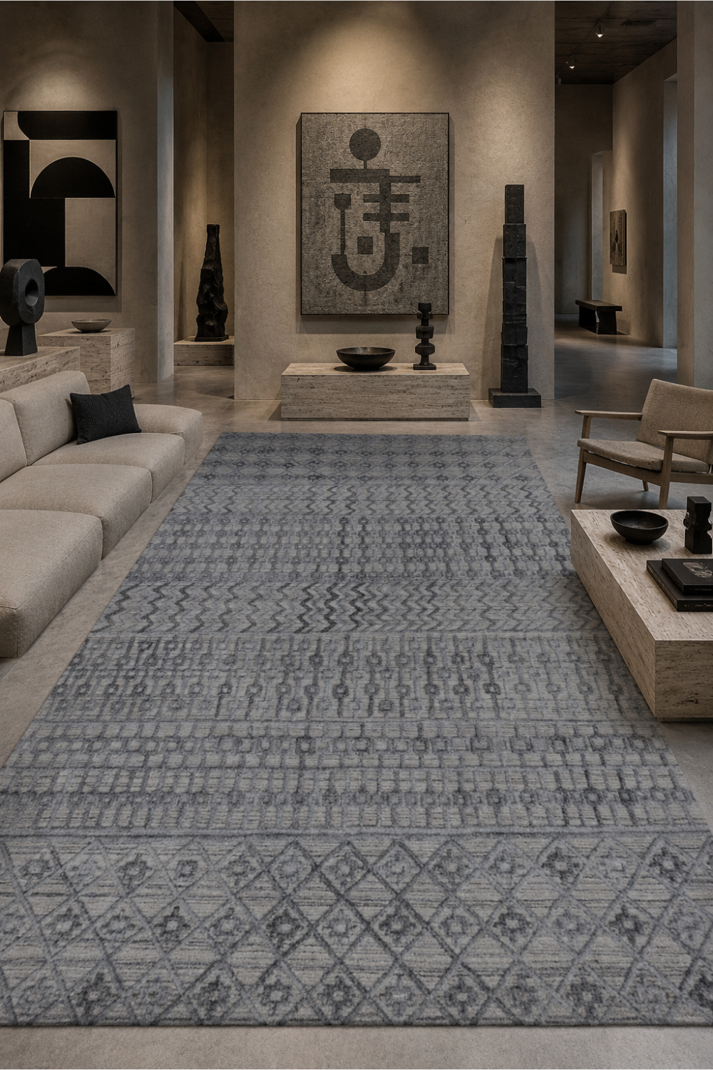 Silver Mosaic luxury handloom over hand tufted New Zealand wool silver grey geometric area rug styled in a contemporary designer living room
