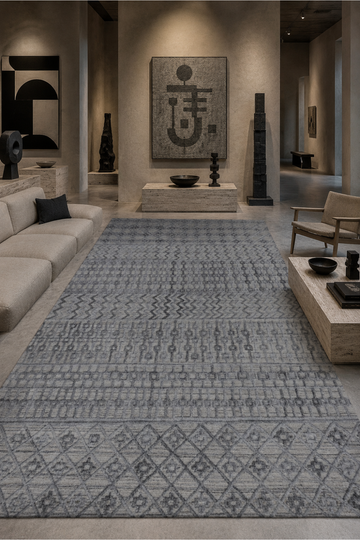Silver Mosaic luxury handloom over hand tufted New Zealand wool silver grey geometric area rug styled in a contemporary designer living room