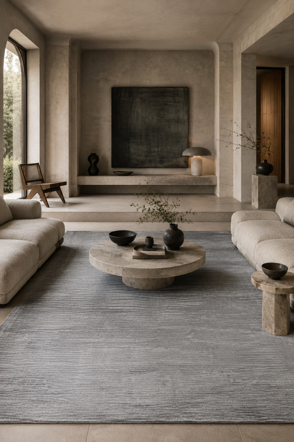 Silver Strata Handloom Plain Viscose rug styled in a contemporary luxury living room with soft silver grey textured design.