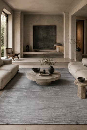 Silver Strata Handloom Plain Viscose rug styled in a contemporary luxury living room with soft silver grey textured design.
