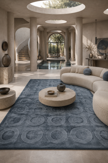 Slate Halo Circle Rug in Handloom Viscose Tencel Bamboo styled in a luxury contemporary living room featuring raised circular geometric patterns.