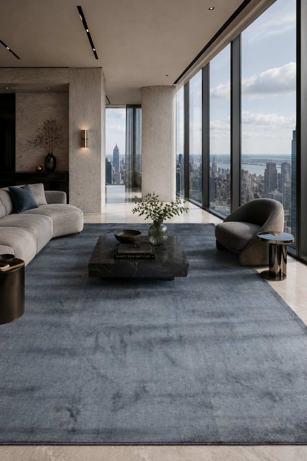 Slate Haven Handloom Plain Viscose rug styled in a luxury contemporary living room with elegant slate blue-grey handcrafted finish.