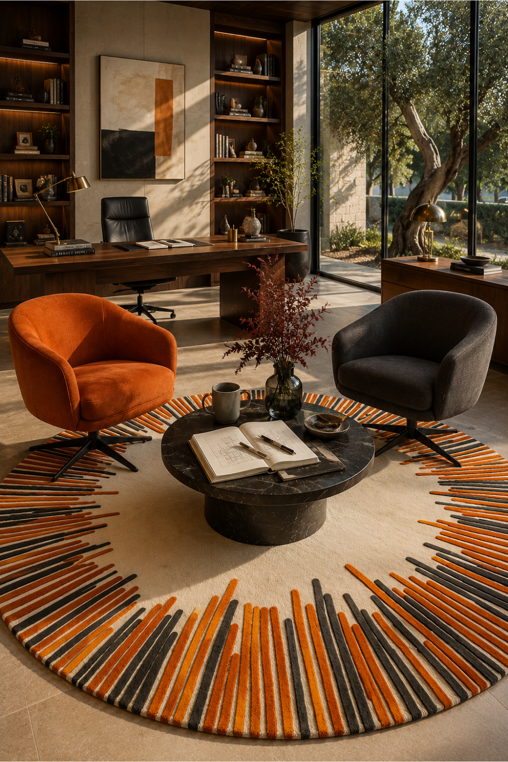 Solar Pulse Round Hand Tufted Rug styled in a contemporary executive office with warm wood finishes and modern designer furniture.