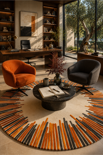Solar Pulse Round Hand Tufted Rug styled in a contemporary executive office with warm wood finishes and modern designer furniture.