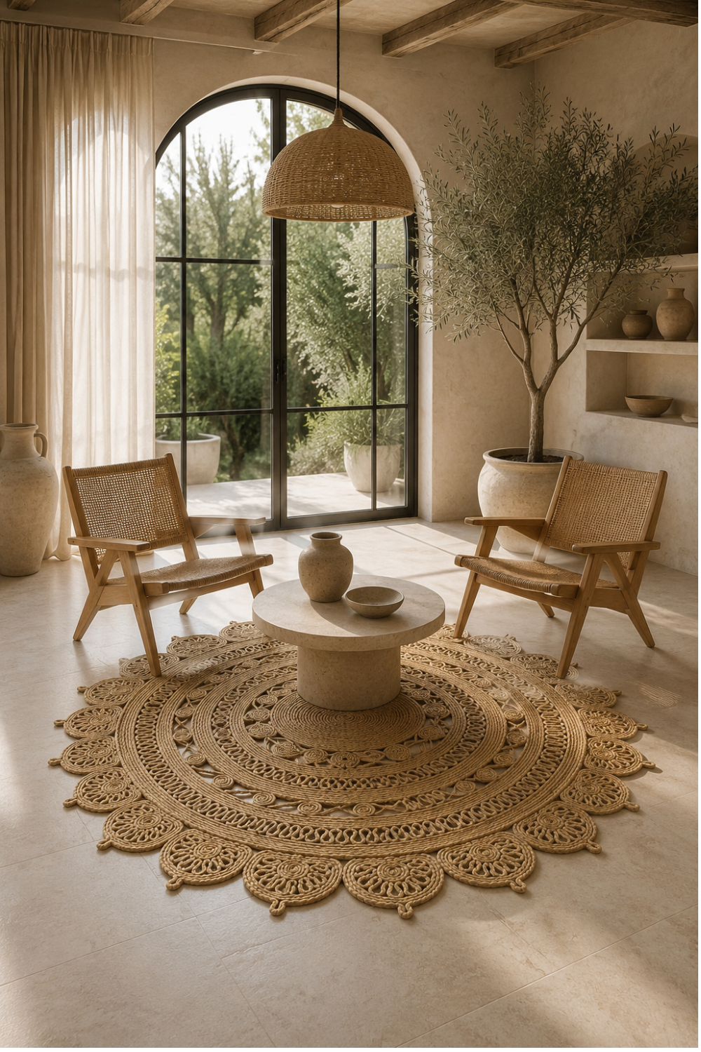 Solstice Jute Rug styled in a luxury organic living room with natural wood furniture, woven chairs and earthy contemporary décor.