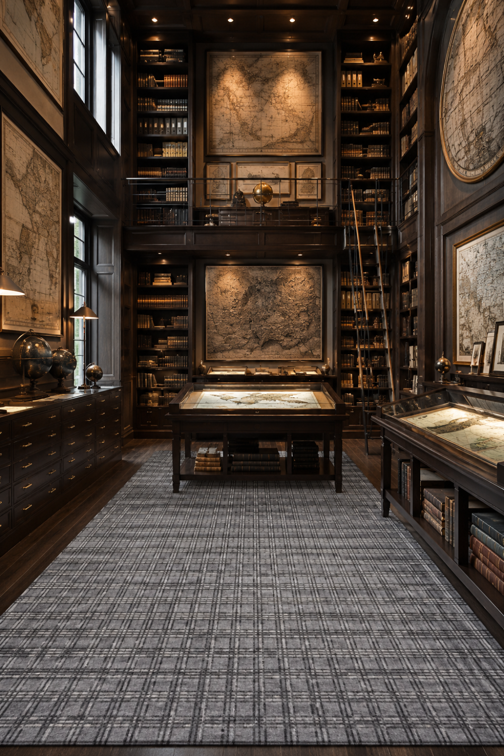 Sterling Grid luxury handloom wool and viscose contemporary plaid rug styled inside a luxury library with elegant architectural interiors