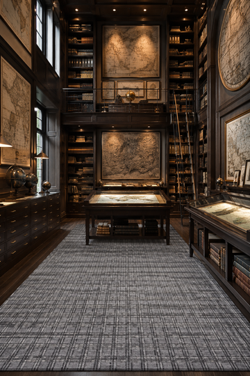 Sterling Grid luxury handloom wool and viscose contemporary plaid rug styled inside a luxury library with elegant architectural interiors