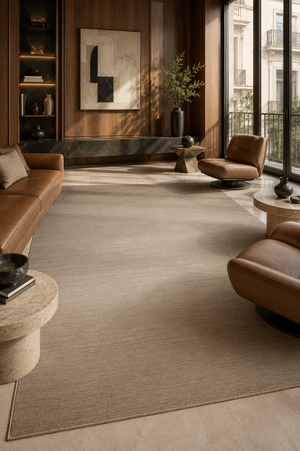 Stone Haven luxury handloom New Zealand wool greige ombre area rug styled in a contemporary luxury living room with warm wood interiors.