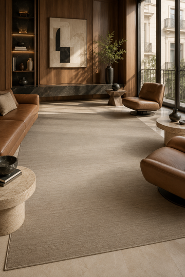 Stone Haven luxury handloom New Zealand wool greige ombre area rug styled in a contemporary luxury living room with warm wood interiors.