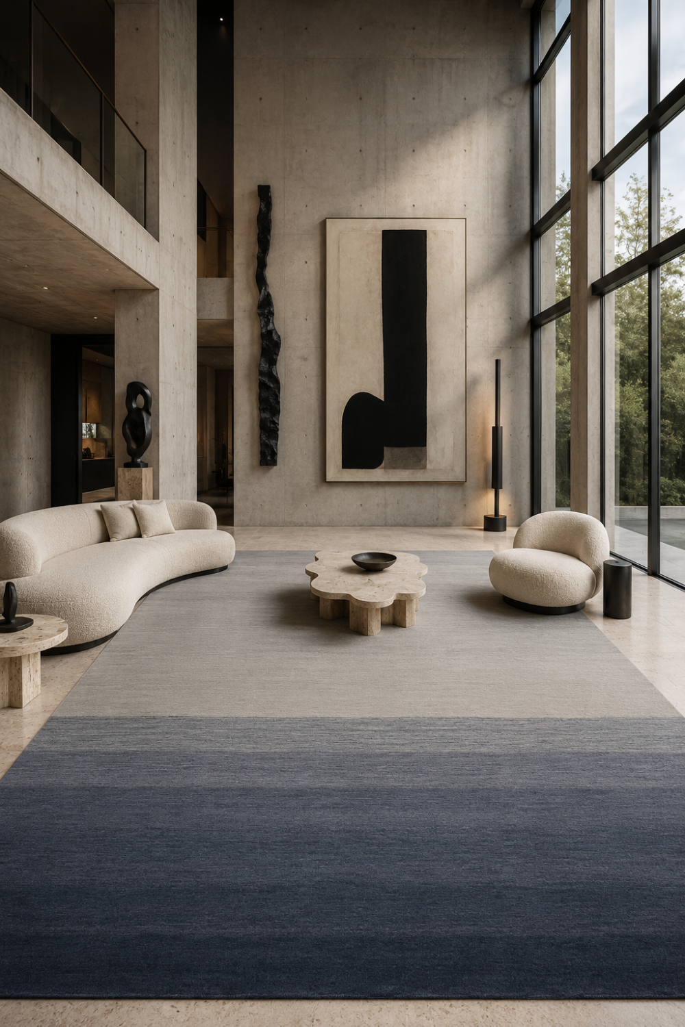 Stone Horizon luxury handloom New Zealand wool gradient area rug styled in a contemporary minimalist living room