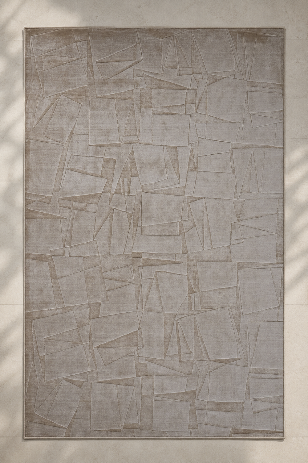 Stone Mosaic Abstract Rug handcrafted in Handloom Viscose Tencel Bamboo with sculpted abstract geometric self-design in soft stone beige.