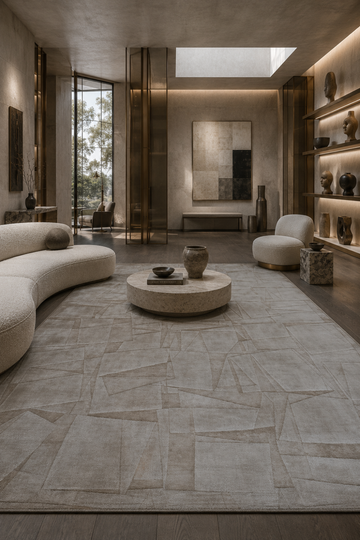 Stone Mosaic Abstract Rug in Handloom Viscose Tencel Bamboo styled in a luxury contemporary living room featuring layered geometric abstract patterns.