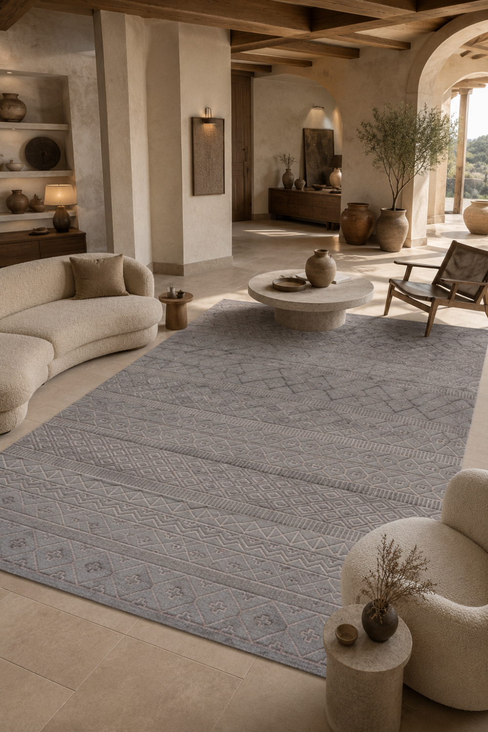 Stone Mosaic luxury handloom over hand tufted New Zealand wool grey geometric area rug styled in a contemporary Mediterranean living room