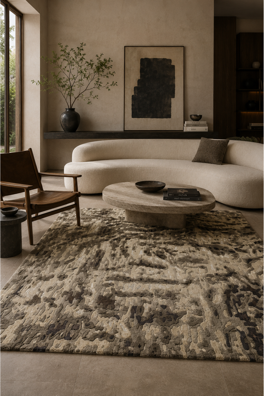 Stone Terrain abstract rug in a warm organic modern living room with cream seating, natural stone, timber and earthy neutral furnishings