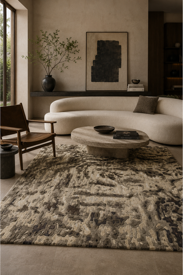 Stone Terrain abstract rug in a warm organic modern living room with cream seating, natural stone, timber and earthy neutral furnishings