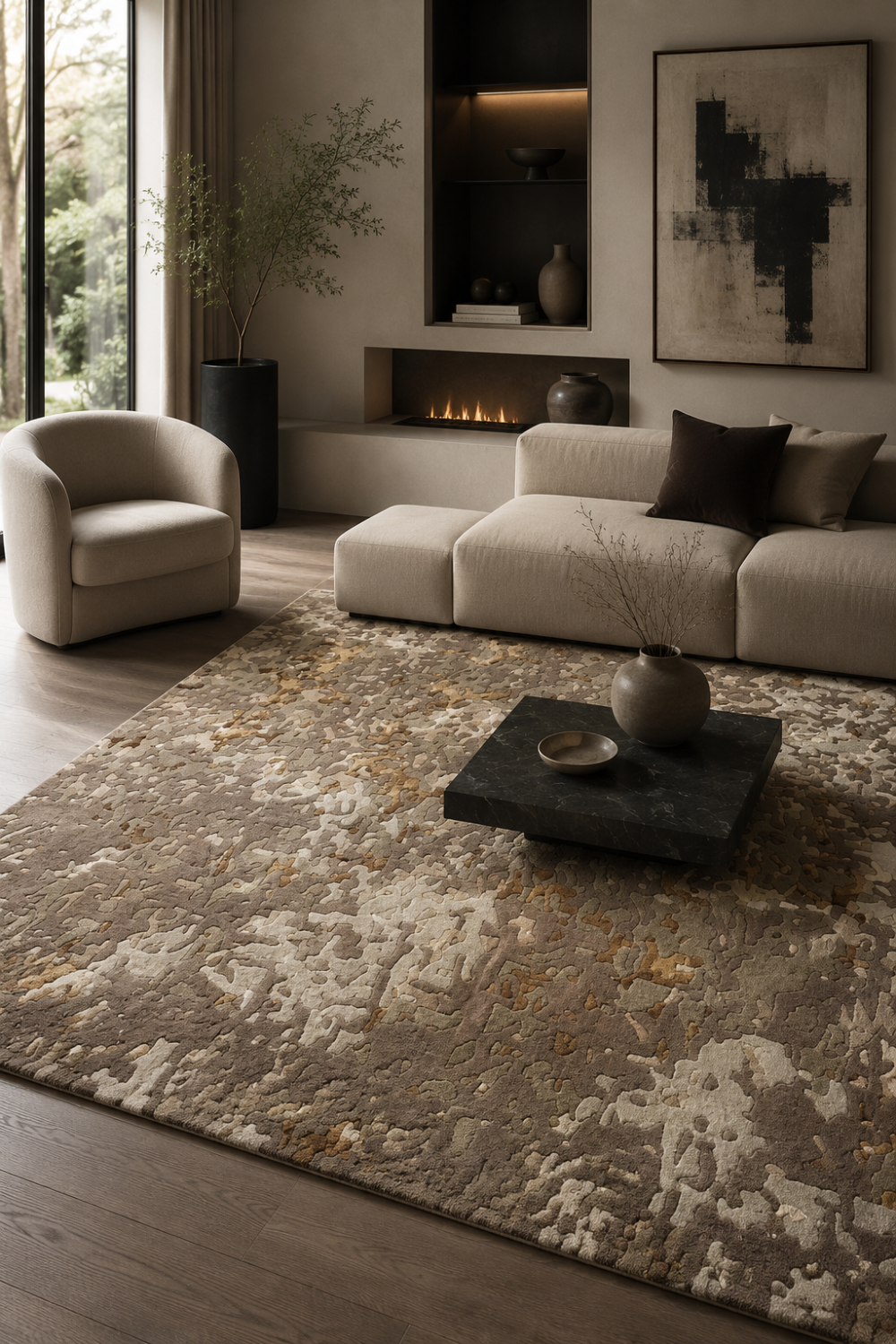 Stone Veil abstract taupe rug styled in a sophisticated contemporary living room