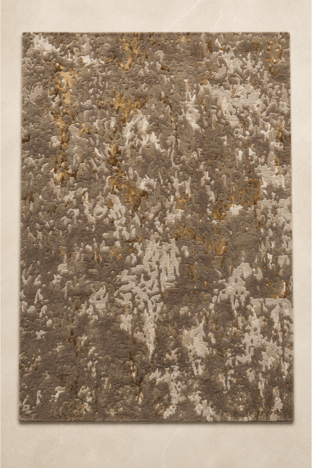 Stone Veil abstract taupe rug styled in a sophisticated contemporary living room