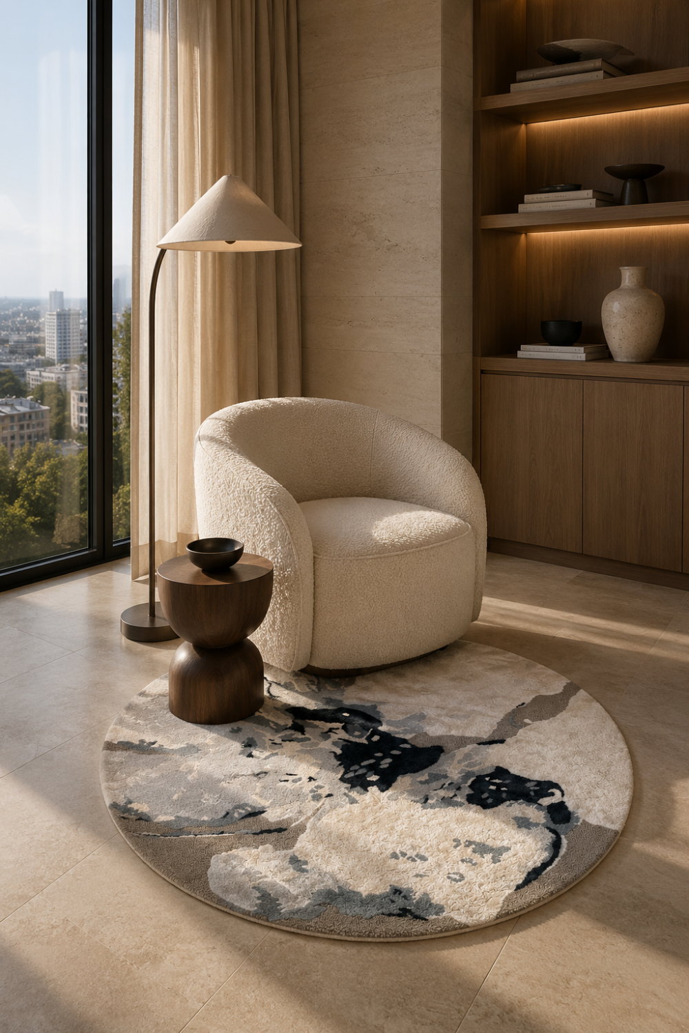 Stone Veil Round Rug styled in a luxury contemporary living room with a boucle lounge chair, natural stone flooring, and warm wooden shelving.