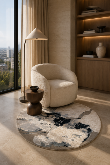 Stone Veil Round Rug styled in a luxury contemporary living room with a boucle lounge chair, natural stone flooring, and warm wooden shelving.