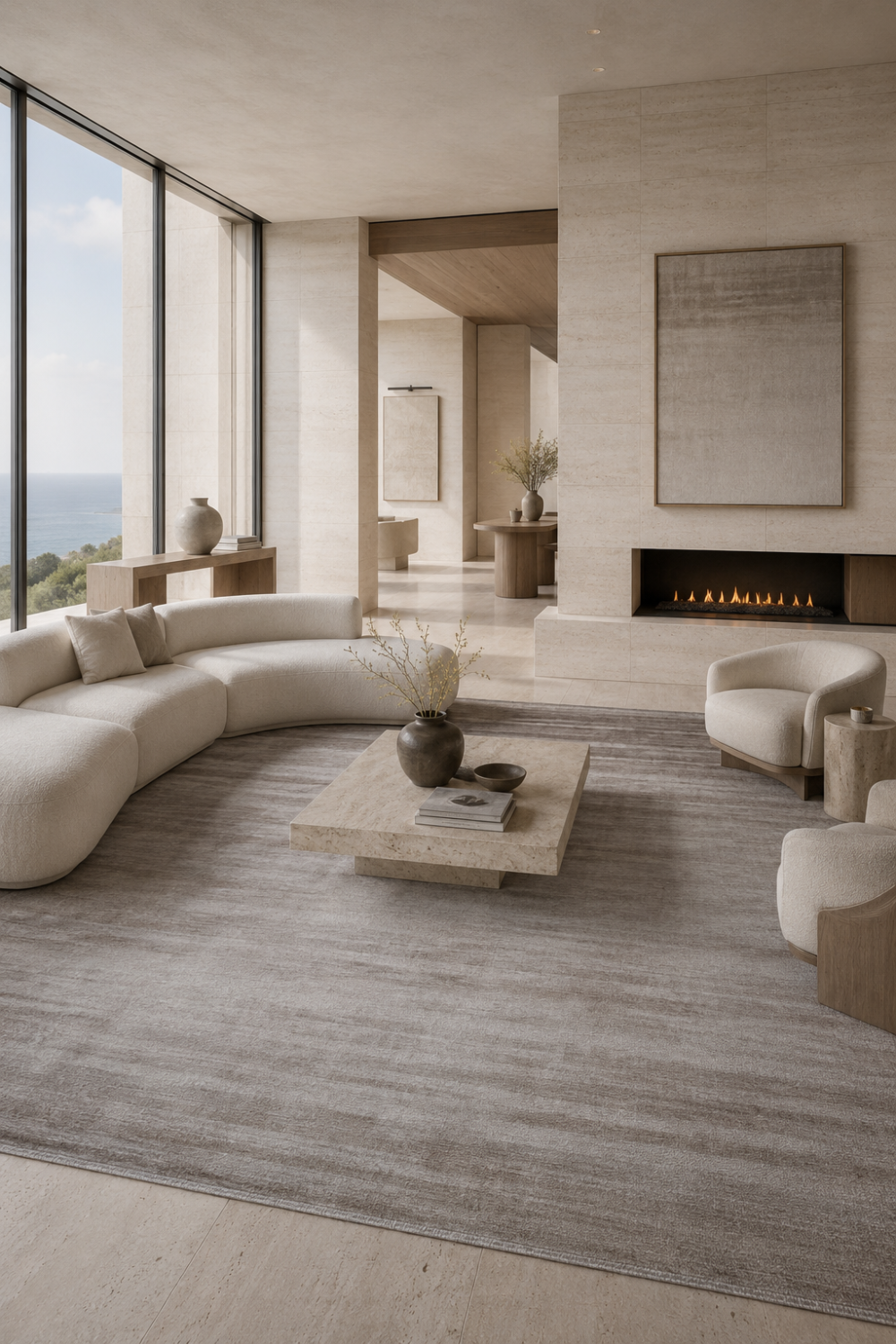 Stone Veil Rug handcrafted in handloom viscose styled in a contemporary luxury living room featuring warm greige tones and subtle tonal movement.