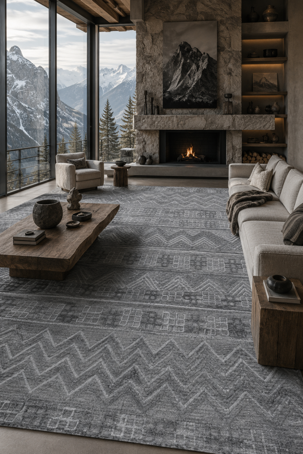 Summit Echo luxury handloom over hand tufted New Zealand wool charcoal grey geometric area rug styled in a contemporary mountain living room
