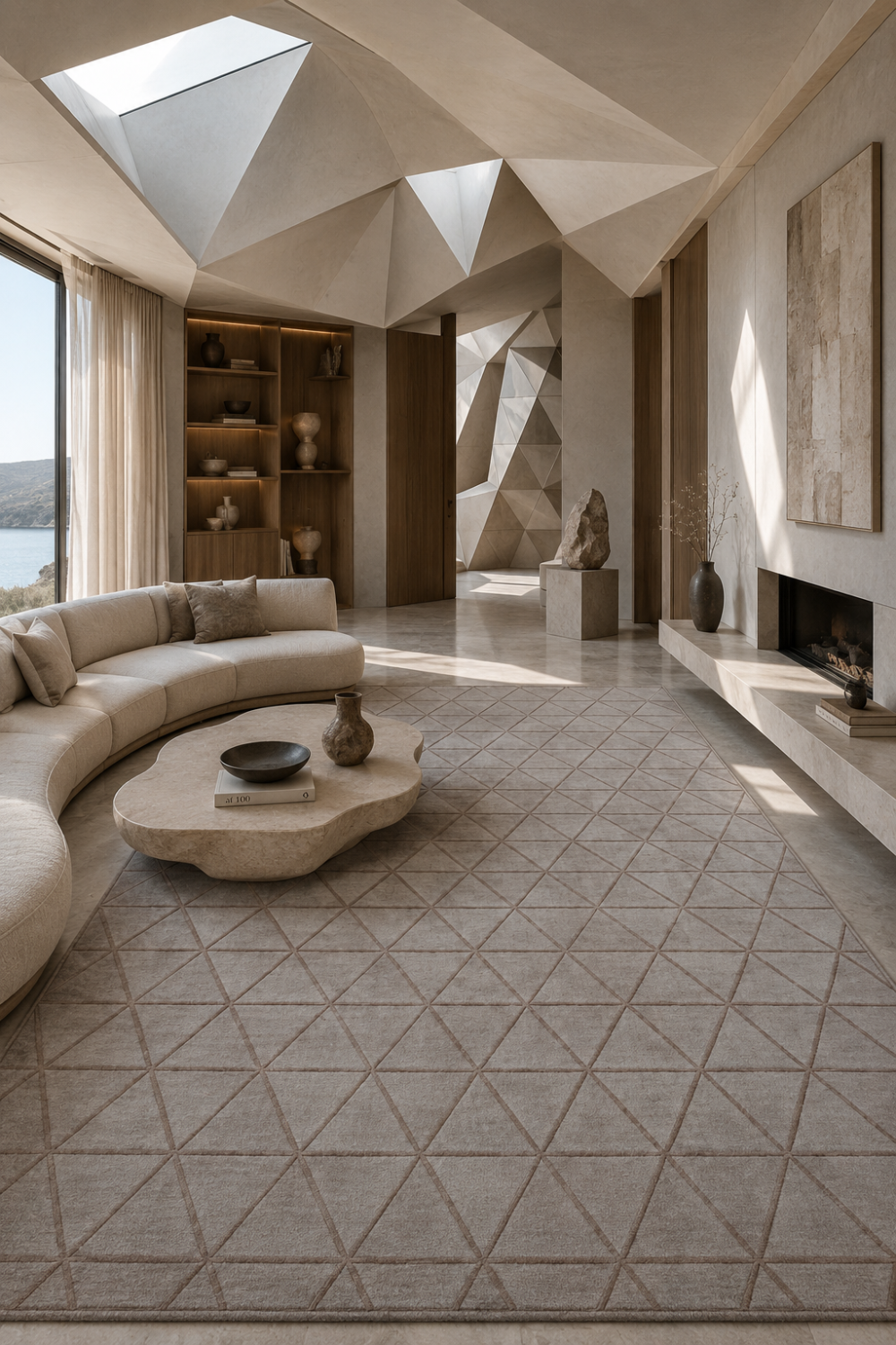 Taupe Triad Rug in Handloom Viscose Tencel Bamboo displayed in a contemporary luxury living room featuring a handcrafted embossed triangular geometric self-design.