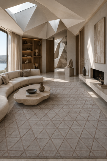 Taupe Triad Rug in Handloom Viscose Tencel Bamboo displayed in a contemporary luxury living room featuring a handcrafted embossed triangular geometric self-design.