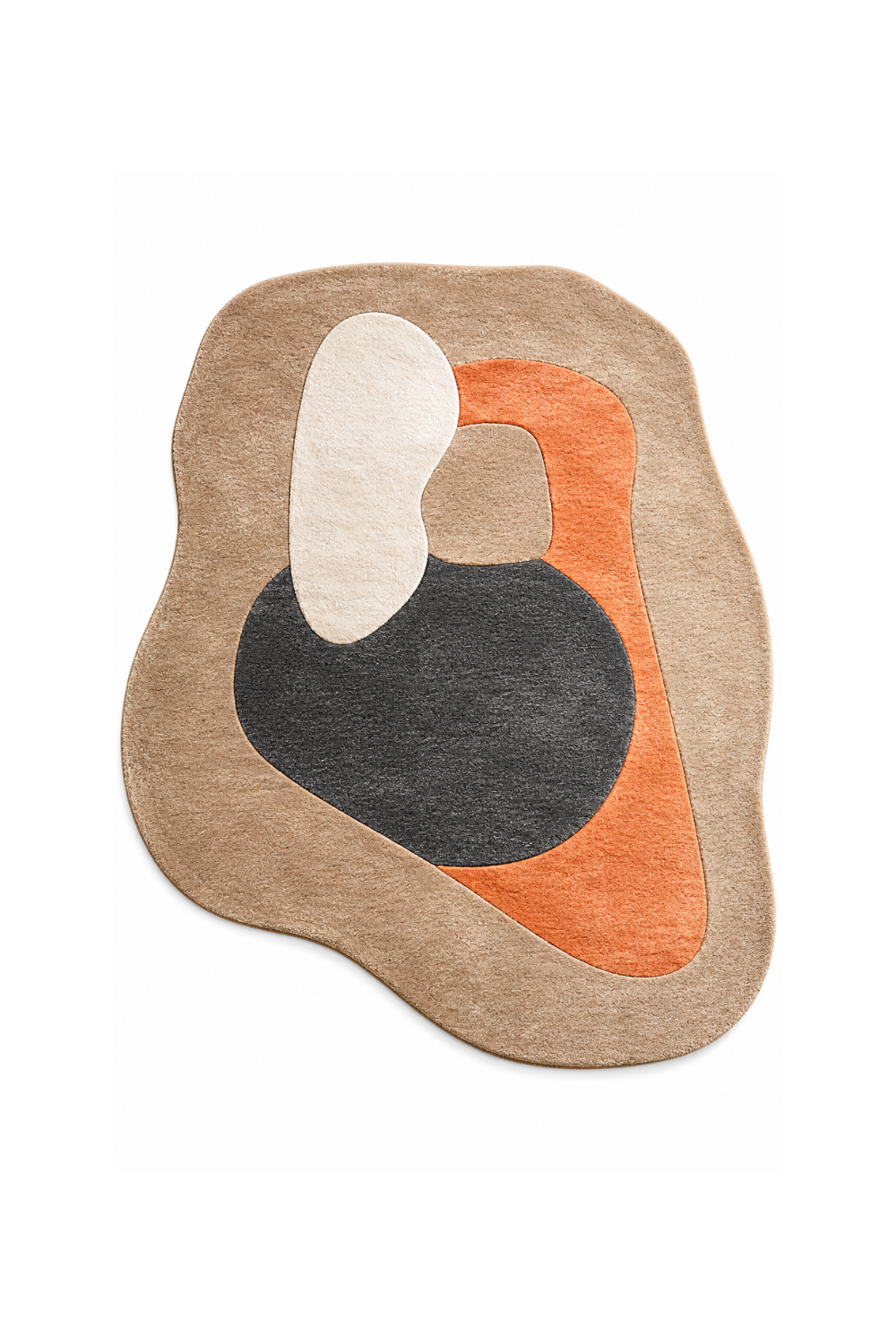 Terra Eclipse organic shape rug featuring abstract color blocking in beige, ivory, charcoal, and terracotta tones.