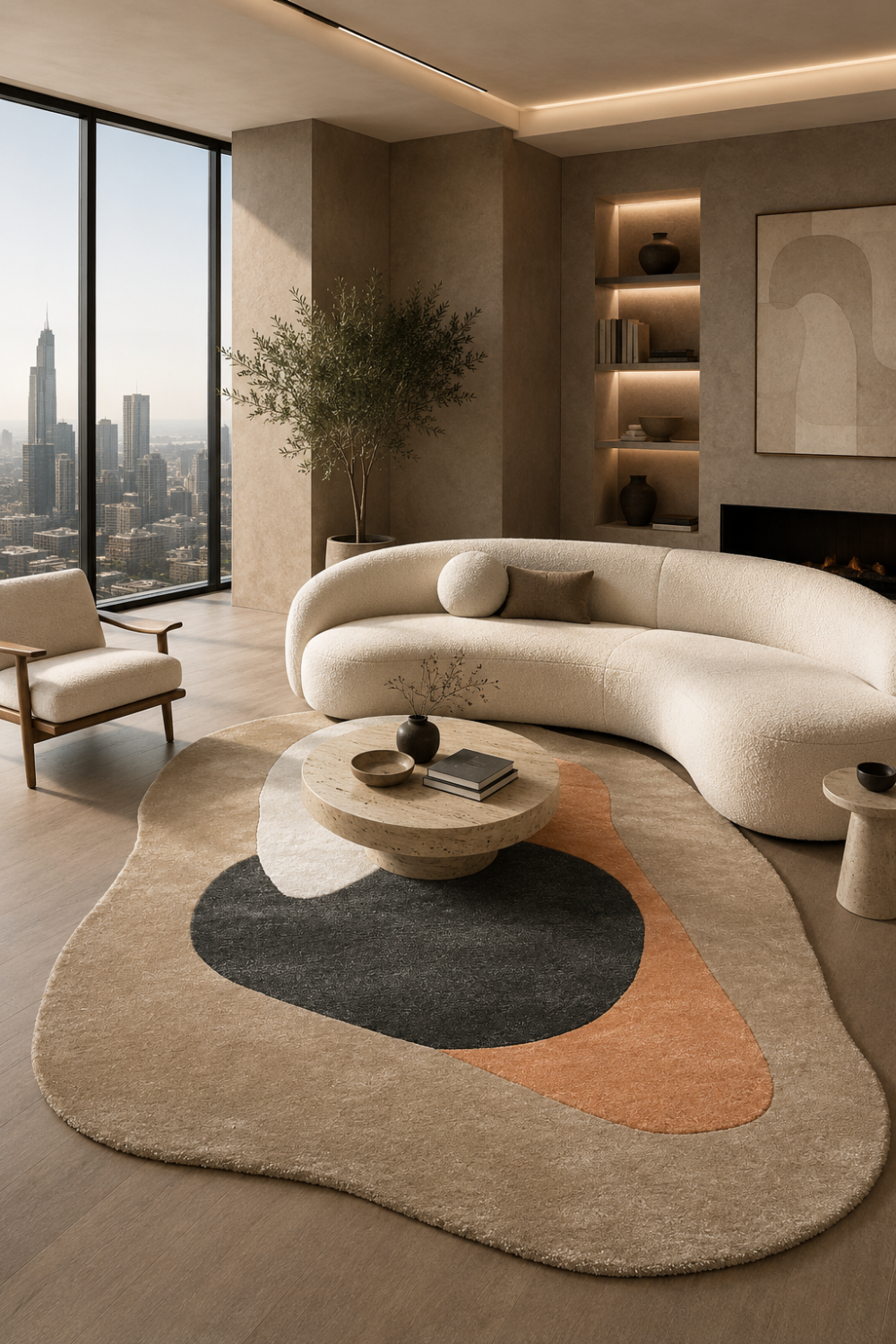 Terra Eclipse organic rug styled in a luxury modern living room featuring contemporary furniture and abstract design.