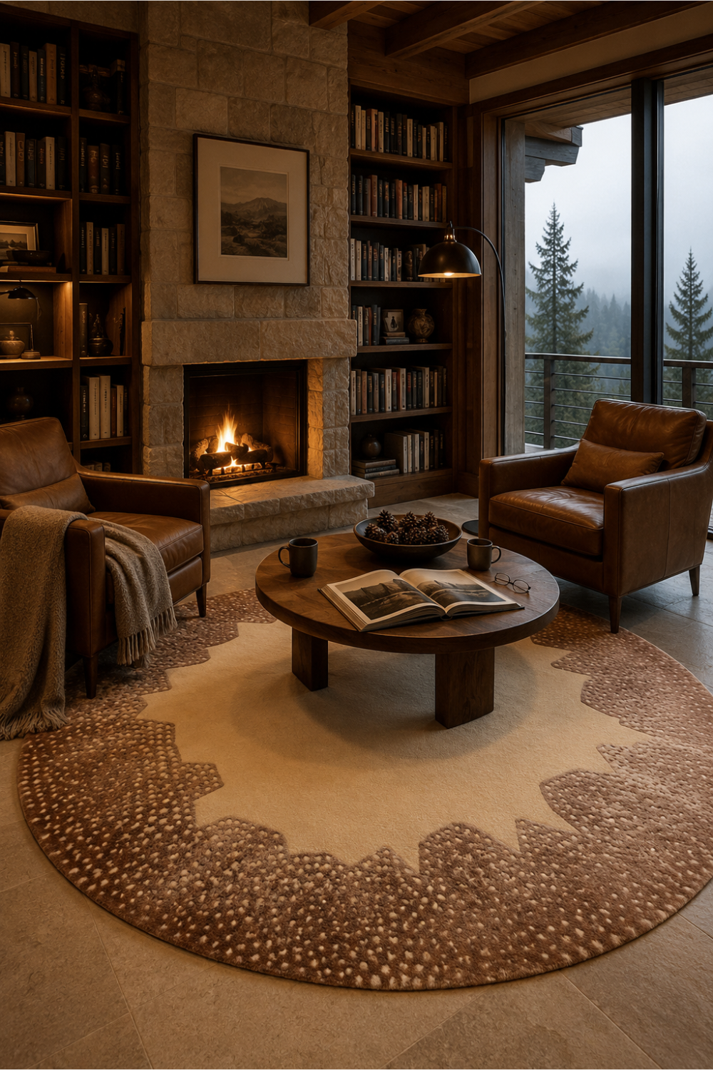 Terra Halo Round Hand Tufted Rug styled in a warm contemporary living room with leather seating and a stone fireplace.