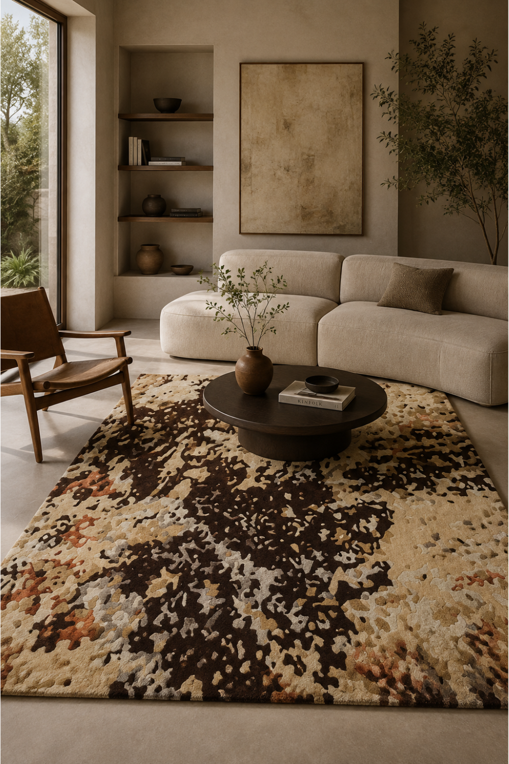 Terra Veil abstract rug styled in an organic modern living room with cream seating, dark wood, natural stone and warm earthy furnishings