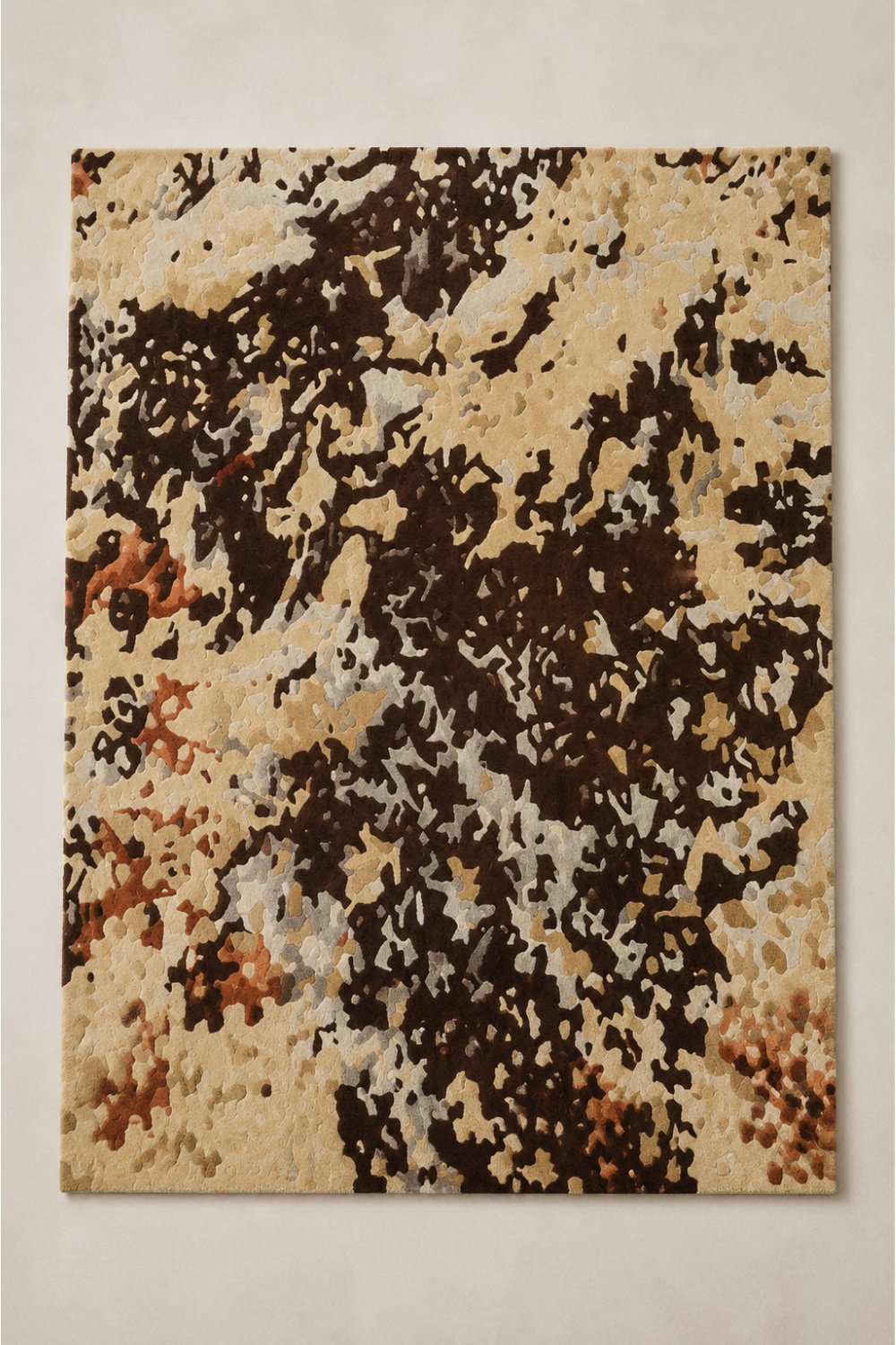 Terra Veil abstract rug styled in an organic modern living room with cream seating, dark wood, natural stone and warm earthy furnishings