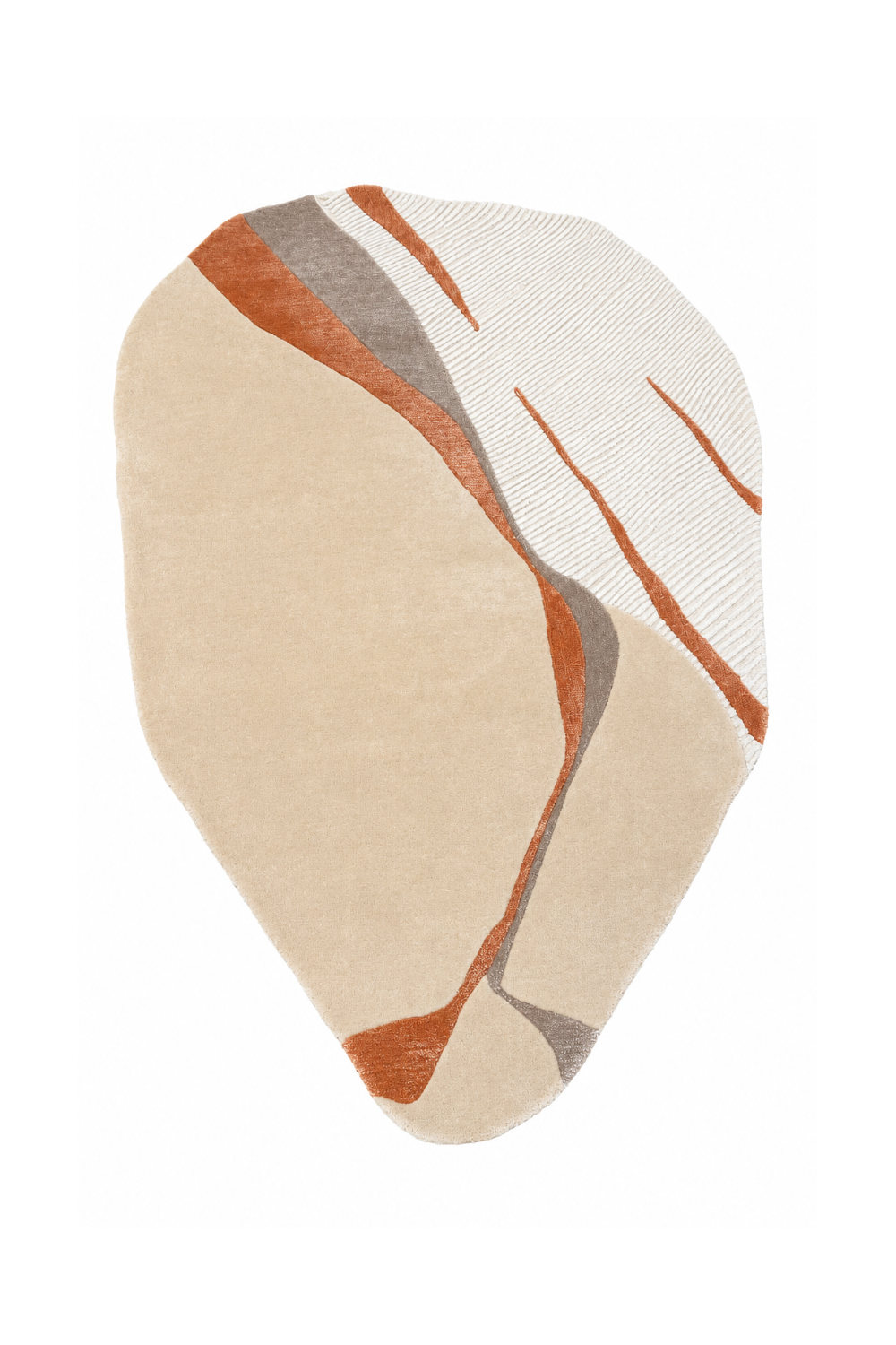 Top view of Terracotta Dune luxury abstract rug showcasing organic shape, terracotta detailing and handcrafted textured design.