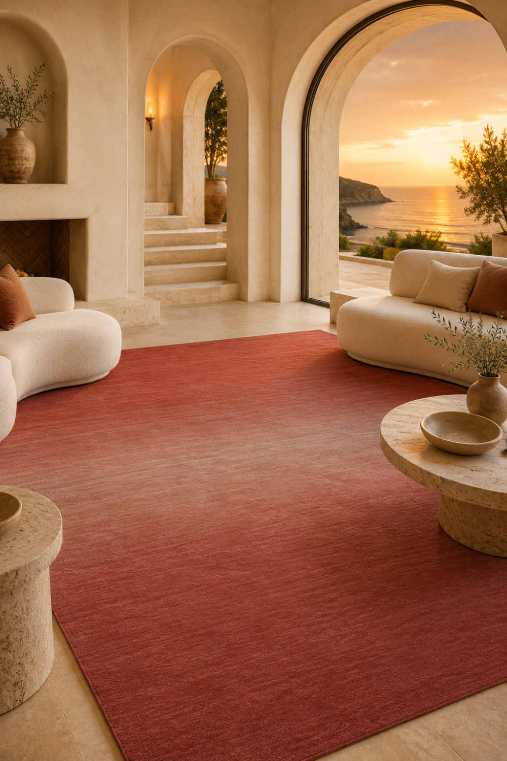 Terracotta Glow luxury handloom New Zealand wool terracotta ombre area rug styled in a contemporary living room with warm neutral interiors.