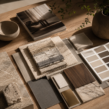 Curated luxury rug samples and interior styling representing thoughtful design selection.
