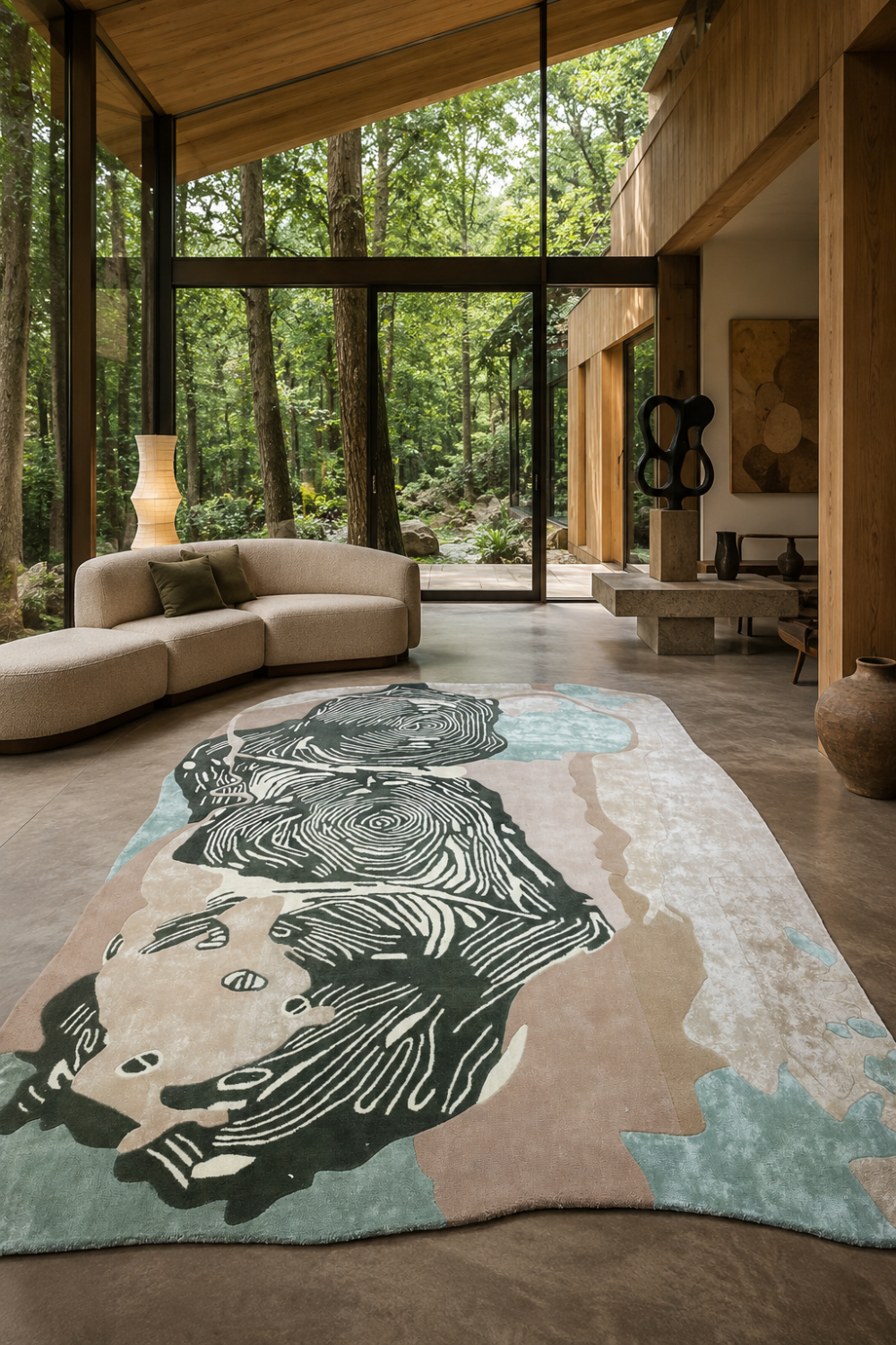 Timber Echo abstract rug styled in a luxury modern living room featuring woodgrain-inspired artwork in forest green, blush and mist blue tones.