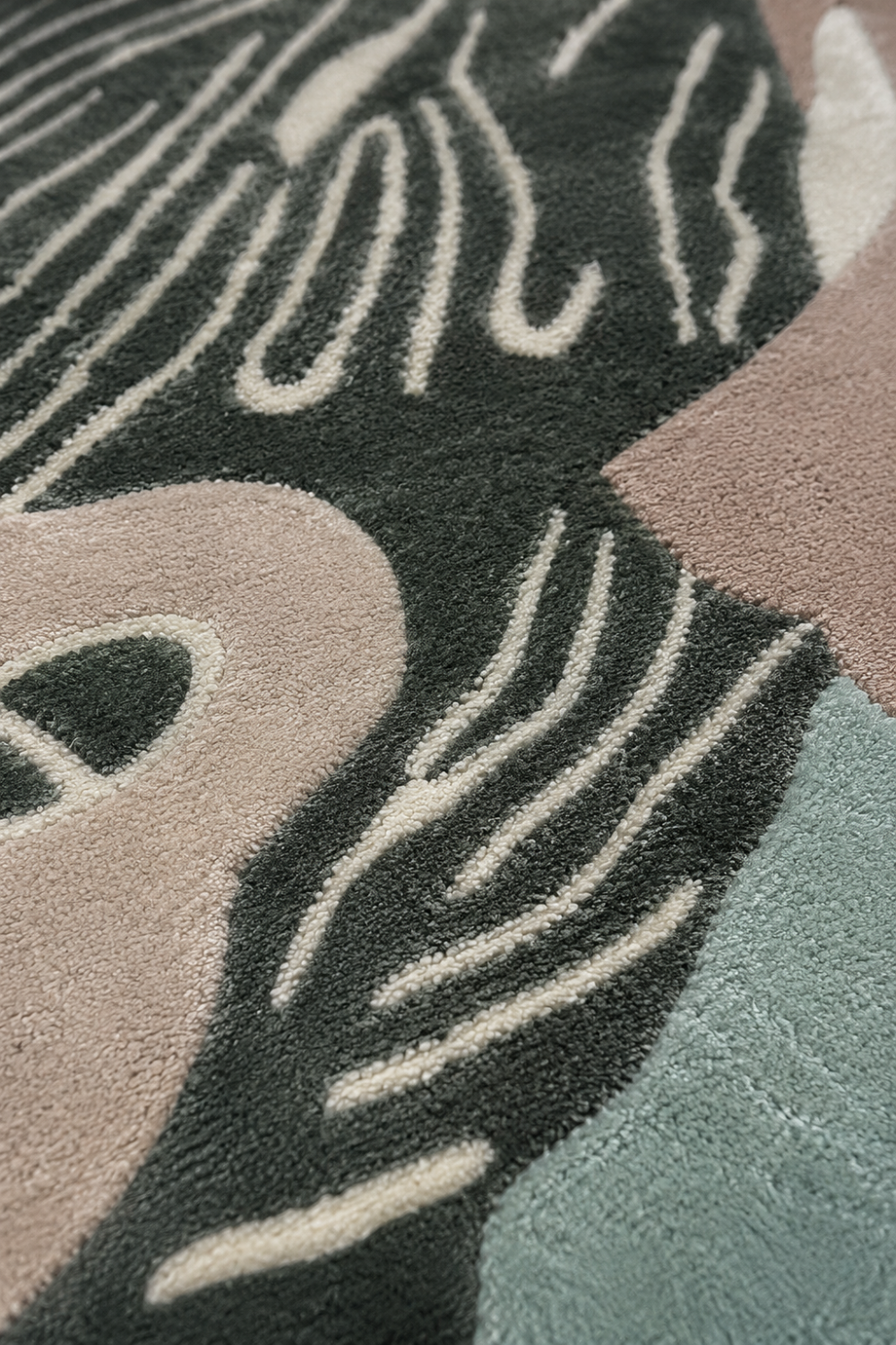 Close-up texture detail of Timber Echo designer rug showcasing intricate woodgrain-inspired patterns, premium pile texture and handcrafted finish.